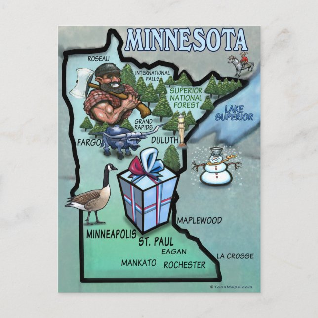 Cartão Postal Mapa de Desenhos Animados de Minnesota (Frente)