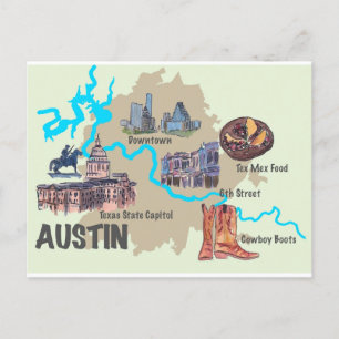 Cartão Postal Mapa de Destaques de Austin Texas 