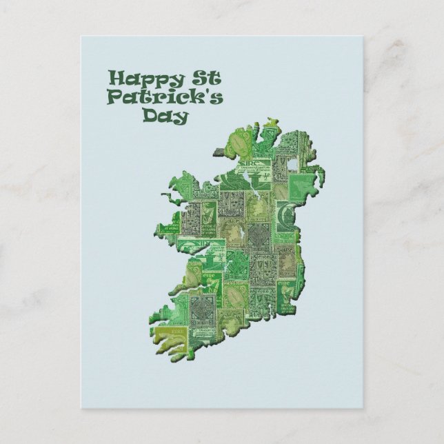 Cartão Postal Mapa de Dias de São Patrícios da Irlanda em selos (Frente)