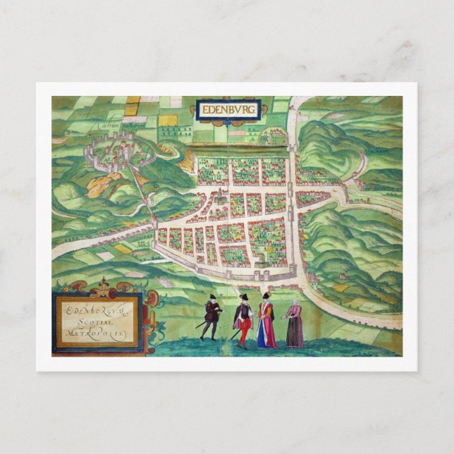 Cartão Postal Mapa de Edimburgo, de Civitates Orbis Terrarum (Frente)