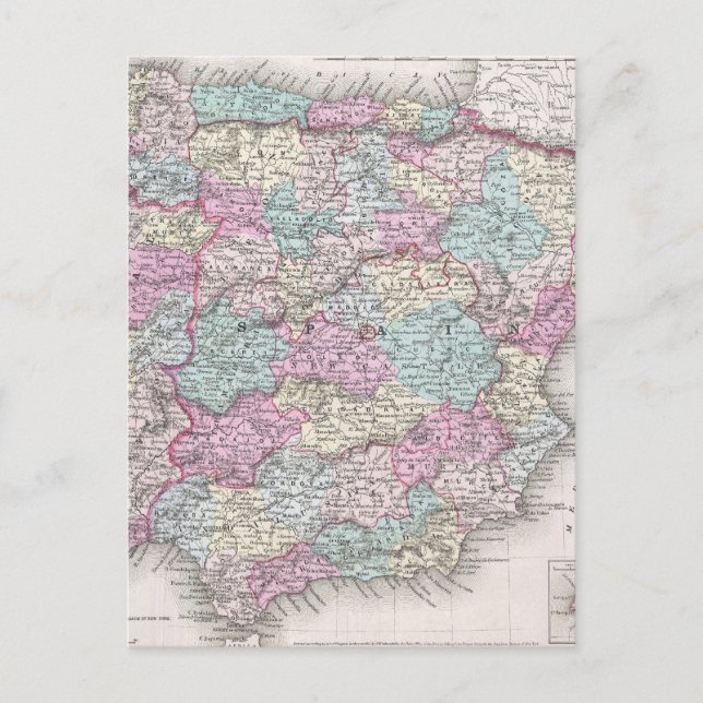 Cartão Postal Mapa de Espanhas da Vintage (1855) (Frente)
