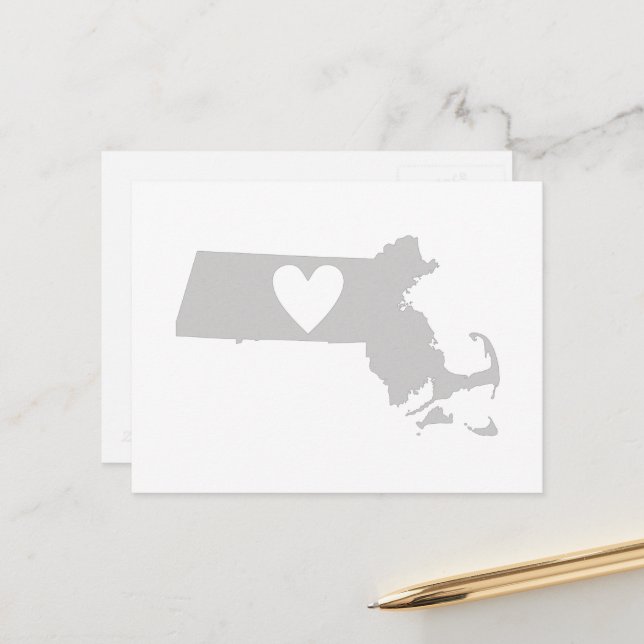 Cartão Postal Mapa de Estado da Cinza de Massachusetts com Coraç (Frente/Verso In Situ)
