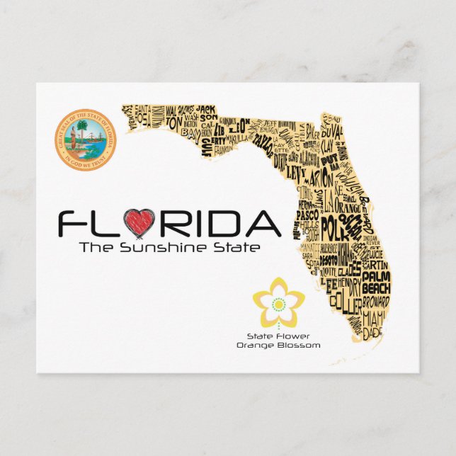 Cartão Postal Mapa de Florida com todos os condados soletrados (Frente)