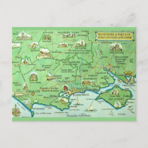 Cartão Postal Mapa de Hampshire Inglaterra Ilustrado Coloridamen