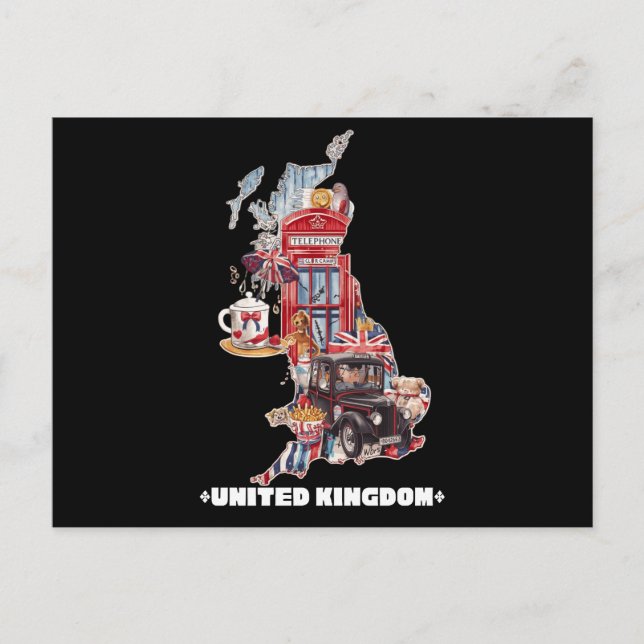Cartão Postal Mapa de ícones britânicos fofos Colagem de arte do (Frente)