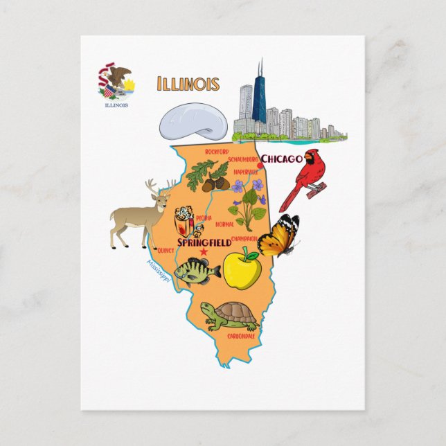 Cartão Postal Mapa de Illinois com Destinos Turísticos (Frente)