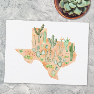 Cartão Postal Mapa de Ilustração em Aquarela do Cacto do Texas