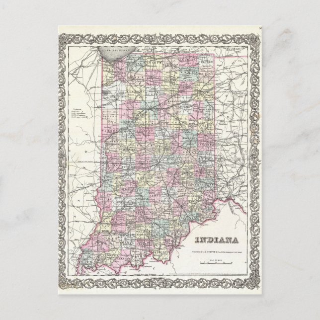 Cartão Postal Mapa de Indiana. Joseph Hutchins Colton (Frente)