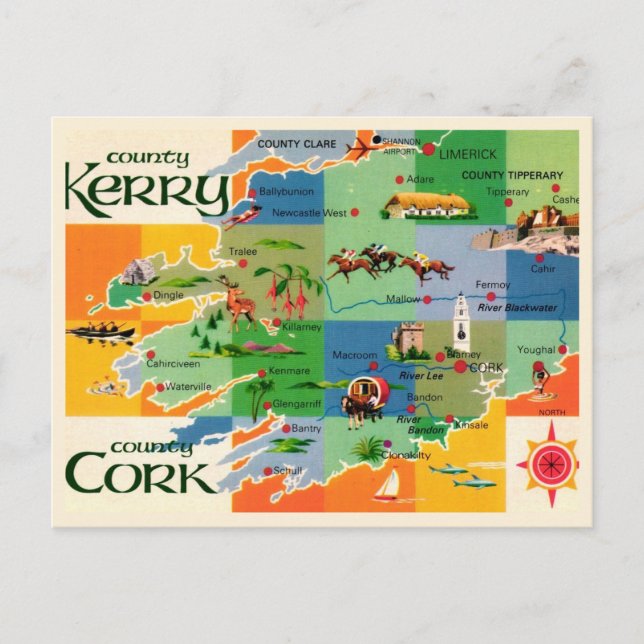 Cartão Postal Mapa de Kerry & Cork na Irlanda (Frente)