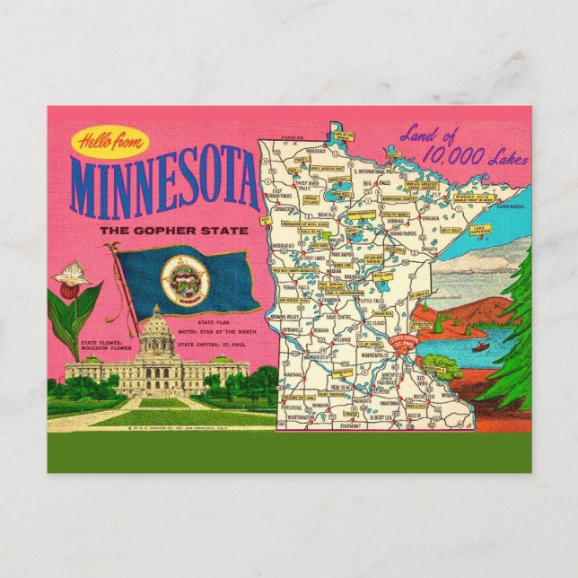 Cartão Postal Mapa de Lagos de Minnesota em Postal (Frente)