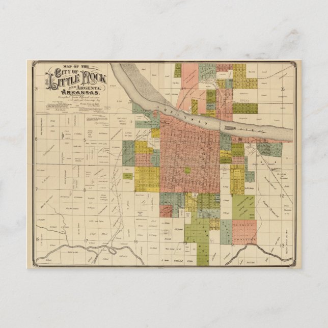 Cartão Postal Mapa de Little Rock e Argenta, Arkansas (1888) (Frente)
