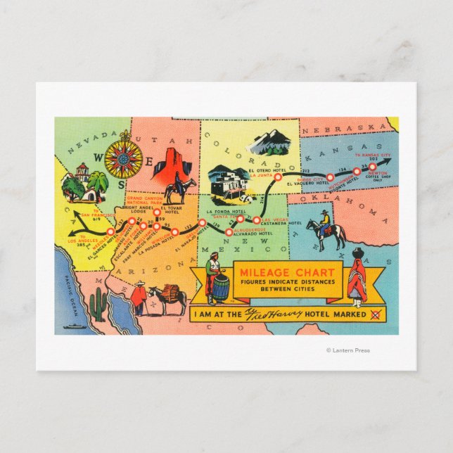 Cartão Postal Mapa de localizações do Hotel Fred HarveyCA para K (Frente)