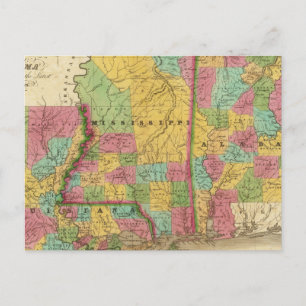 Cartão Postal Mapa de Louisiana Mississippi e Alabama