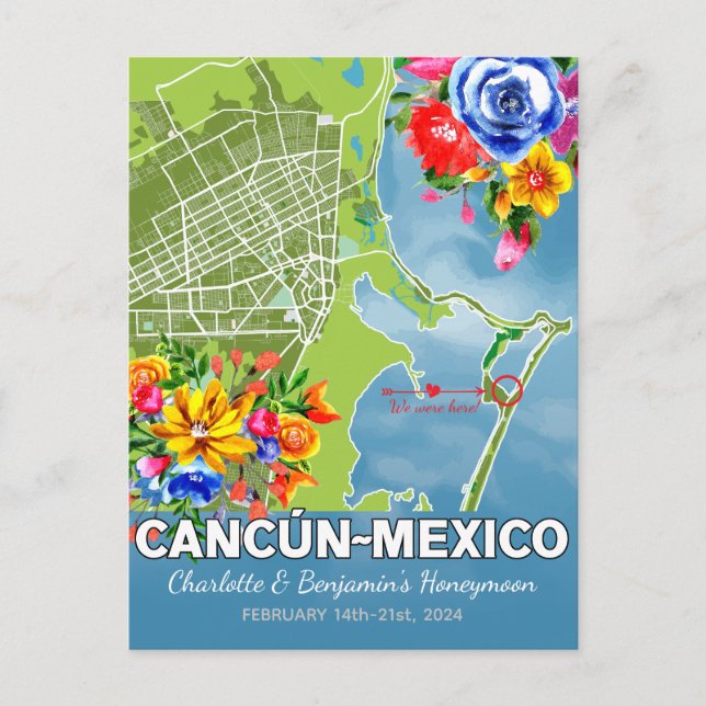 Cartão Postal Mapa de lua de mel romântica em Cancun México (Frente)