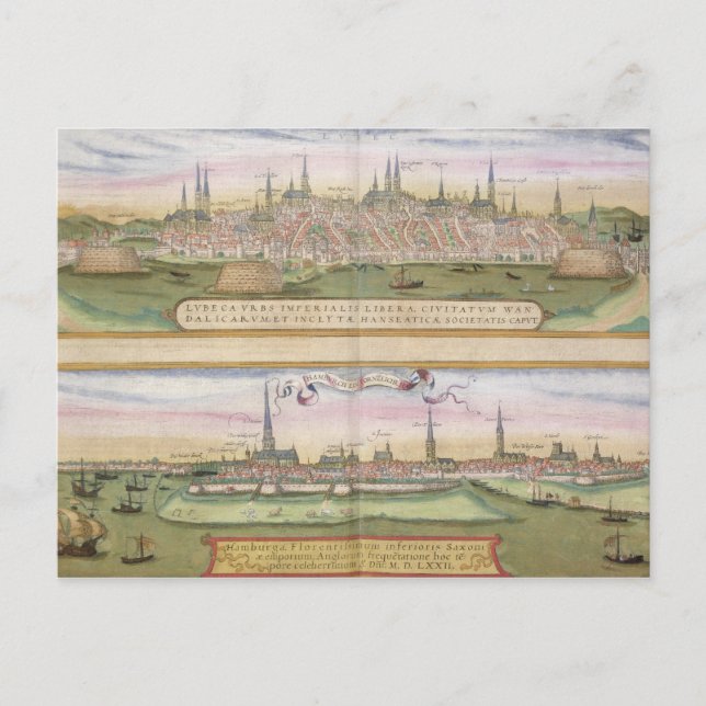 Cartão Postal Mapa de Lubeck e Hamburgo, de Civitates Orbis T (Frente)