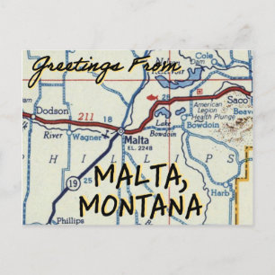Cartão Postal Mapa de Malta Montana Vintage