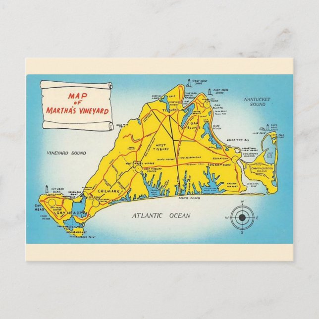 Cartão Postal Mapa de Martha's Vineyard  (Frente)