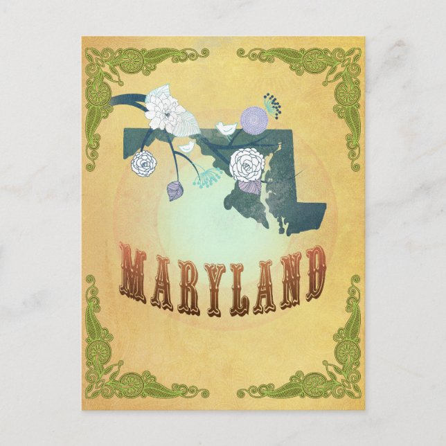 Cartão Postal Mapa de Maryland com lindas aves (Frente)