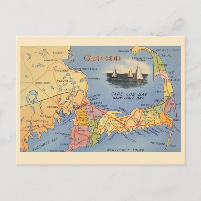 Cartão Postal Mapa de Massachusetts do Old Cape Cod (Frente)
