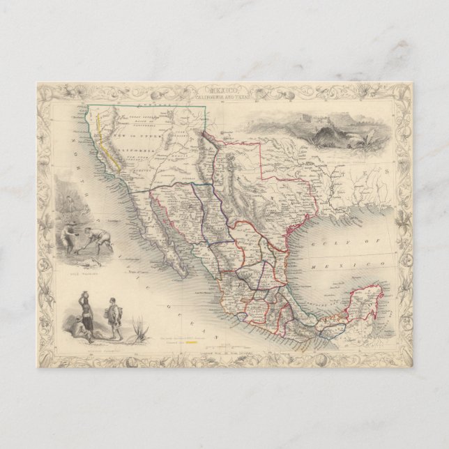 Cartão Postal Mapa de México, de Califórnia e de Texas (Frente)