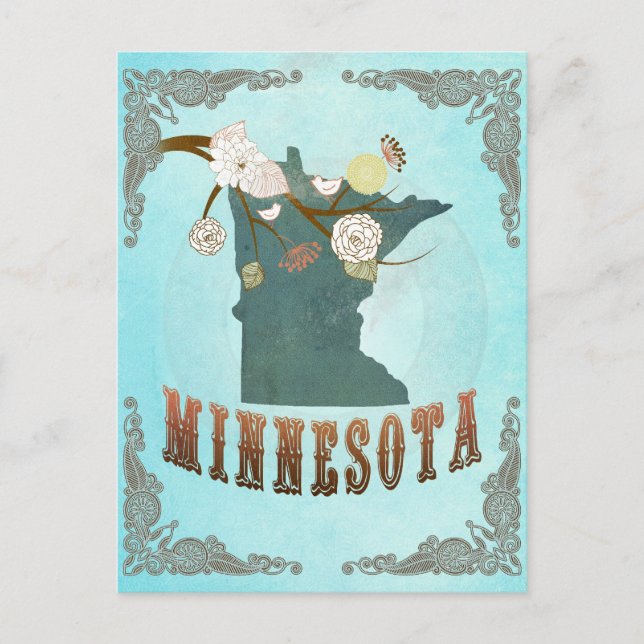 Cartão Postal Mapa de Minnesota com aves adoráveis (Frente)