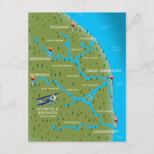 Cartão Postal Mapa de Norfolk Broads Inglaterra.
