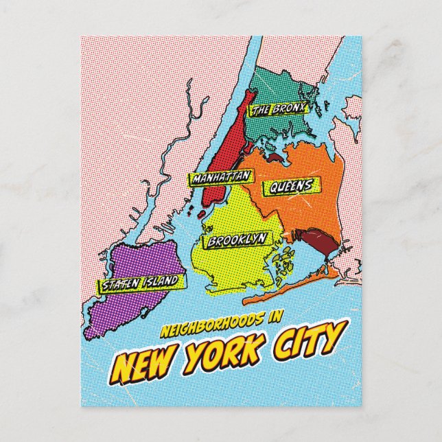 Cartão Postal Mapa de Nova Iorque ilustrado com pop Art (Frente)