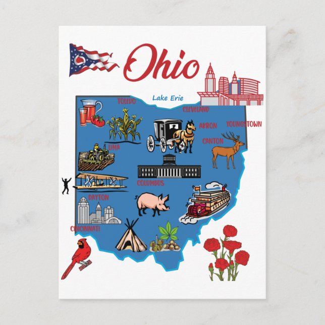 Cartão Postal Mapa de Ohio com principais cidades Destinos Turís (Frente)