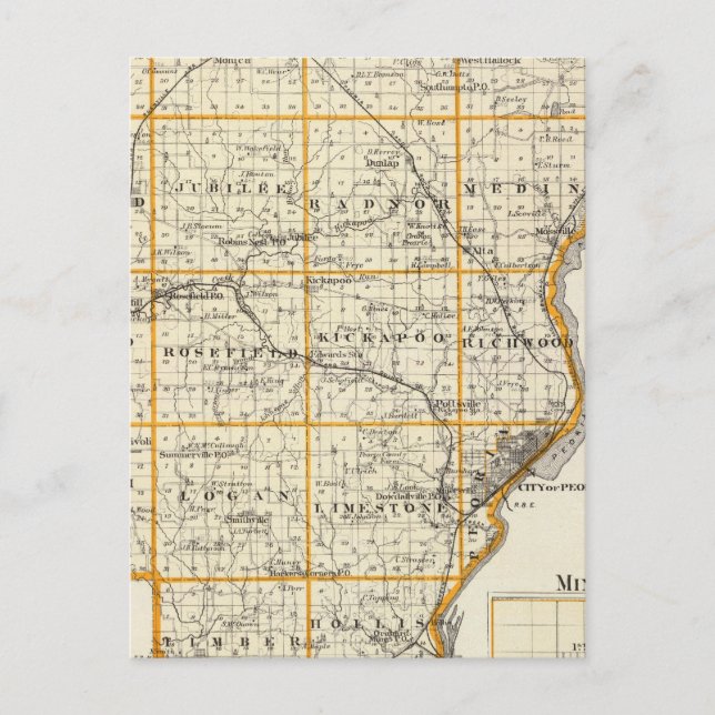 Cartão Postal Mapa de Peoria County e Minonk (Frente)