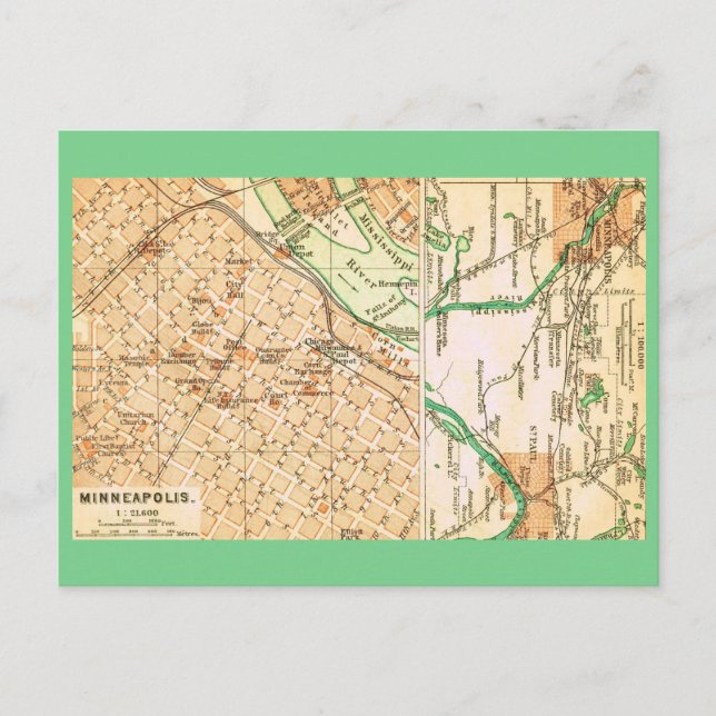 Cartão Postal Mapa de Rua Antigo de Minneapolis (Frente)
