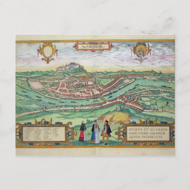 Cartão Postal Mapa de Salzburg, de "Civitates Orbis Terrarum" b (Frente)
