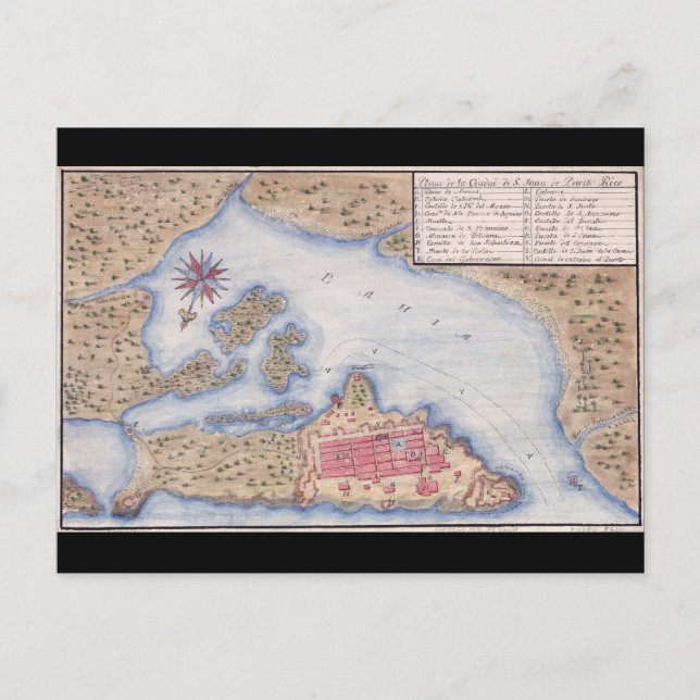 Cartão Postal Mapa de San Juan Porto Rico de 1770 (Frente)