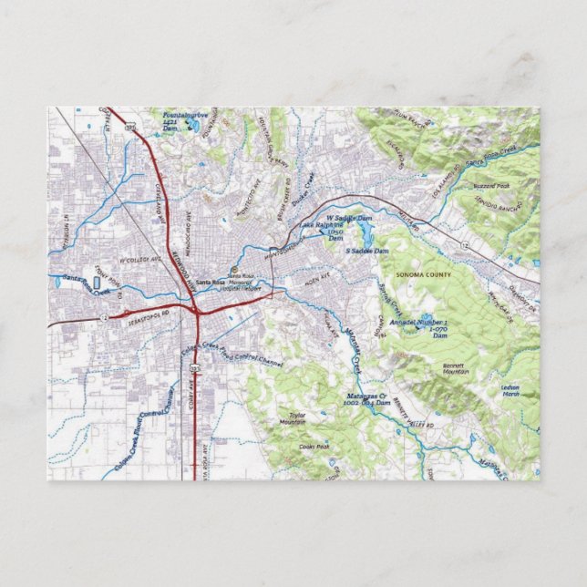 Cartão Postal Mapa de Santa Rosa, Califórnia (Frente)