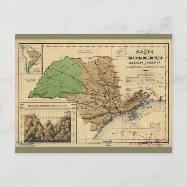 Cartão Postal Mapa de São Paulo, Brasil (1886) (Frente)