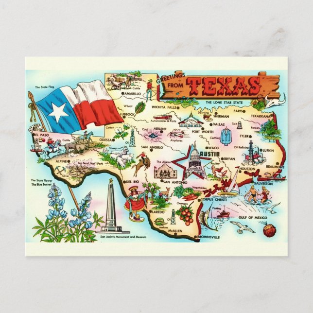 Cartão Postal Mapa de Texas Saudação  (Frente)
