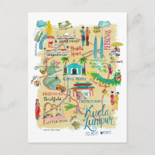 Cartão Postal Mapa de Viagem Amarelo Ilustrado Kuala Lumpur