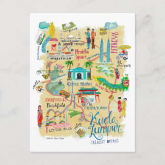 Cartão Postal Mapa de Viagem Amarelo Ilustrado Kuala Lumpur
