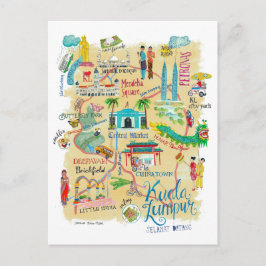 Cartão Postal Mapa de Viagem Amarelo Ilustrado Kuala Lumpur