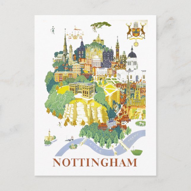 Cartão Postal Mapa de Viagem Antigo de Nottingham (Frente)