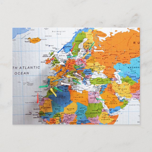 Cartão Postal Mapa de Viagem colorida (Frente)