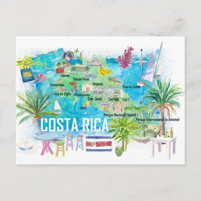 Cartão Postal Mapa de Viagem com Estradas Ilustrado da Costa Ric (Frente)