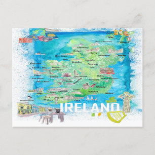 Cartão Postal Mapa de Viagem com Estradas Ilustrado da Irlanda