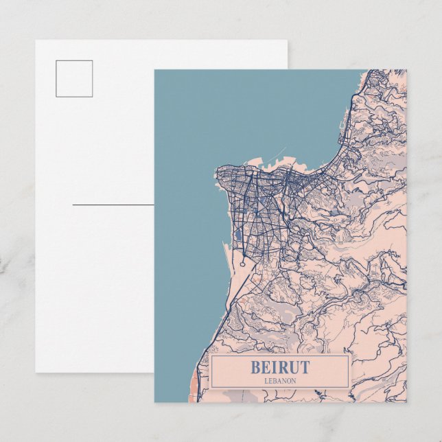 Cartão Postal Mapa de Viagem da Cidade Ventilada de Beirute Líba (Frente/Verso)