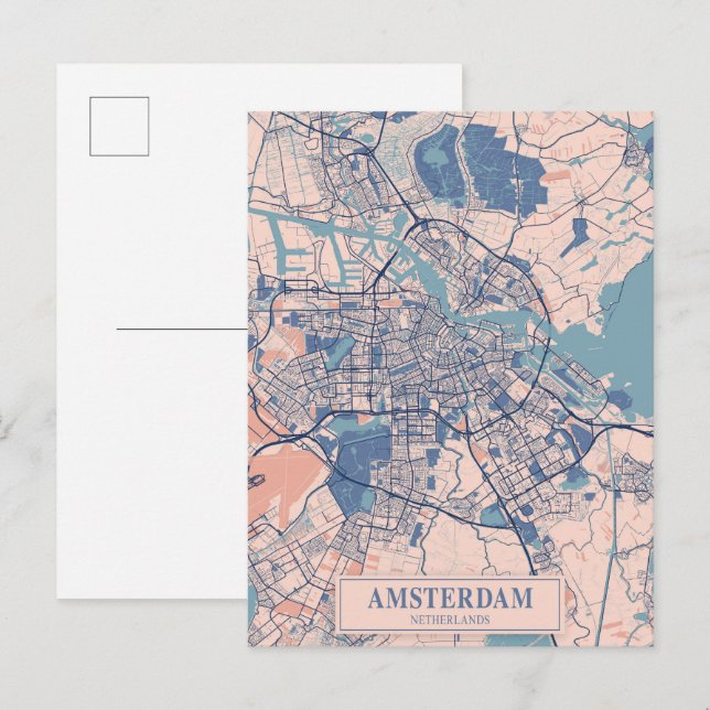 Cartão Postal Mapa de viagem da cidade ventosa de Amsterdã Holan (Frente/Verso)