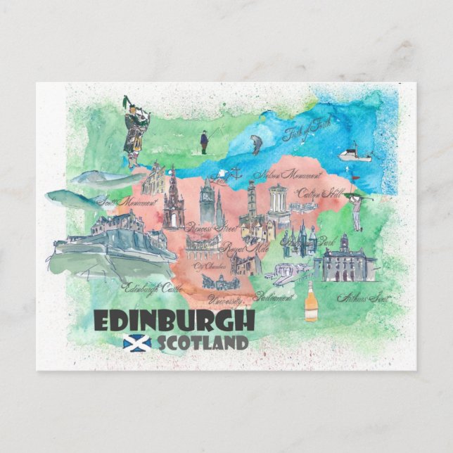 Cartão Postal Mapa de Viagem da Escócia de Edimburgo (Frente)