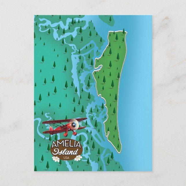 Cartão Postal Mapa de viagem da Ilha Amelia na Flórida. (Frente)