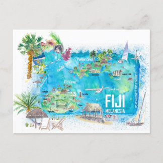 Cartão Postal Mapa de Viagem da Ilha da Polinésia Ilustrada de F