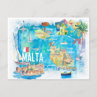 Cartão Postal Mapa de Viagem das Ilhas Ilustradas de Malta com E