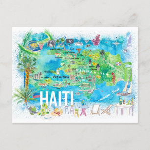 Cartão Postal Mapa de Viagem das Ilhas Ilustradas do Haiti com E
