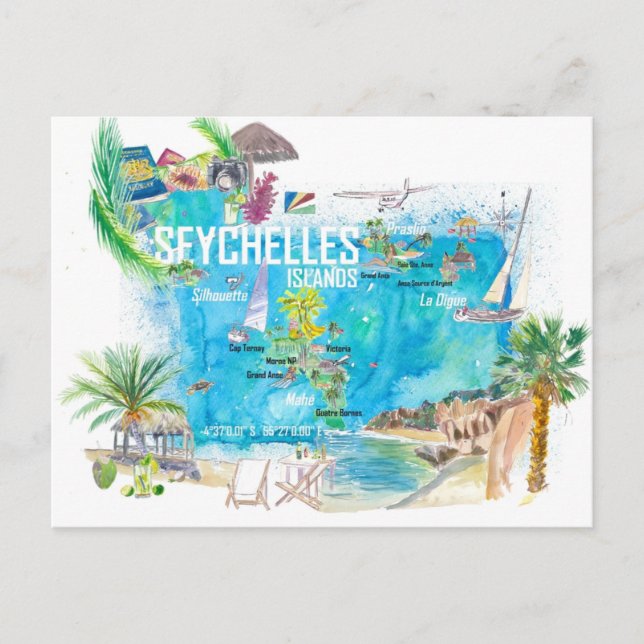 Cartão Postal Mapa de Viagem das Ilhas Seicheles Ilustrado (Frente)